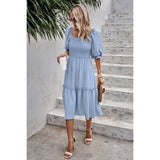 Dot Square Neck Smocked Waist Flowy Tiered Dress - MVTFASHION