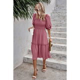 Dot Square Neck Smocked Waist Flowy Tiered Dress - MVTFASHION