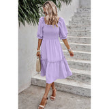 Dot Square Neck Smocked Waist Flowy Tiered Dress - MVTFASHION