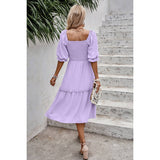 Dot Square Neck Smocked Waist Flowy Tiered Dress - MVTFASHION