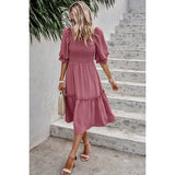 Dot Square Neck Smocked Waist Flowy Tiered Dress - MVTFASHION