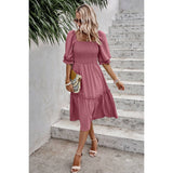 Dot Square Neck Smocked Waist Flowy Tiered Dress - MVTFASHION