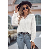 Drawstring V Neck Hollow Out Ruffle Loose Blouse - MVTFASHION