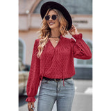 Drawstring V Neck Hollow Out Ruffle Loose Blouse - MVTFASHION