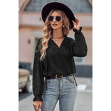 Drawstring V Neck Hollow Out Ruffle Loose Blouse - MVTFASHION