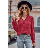 Drawstring V Neck Hollow Out Ruffle Loose Blouse - MVTFASHION