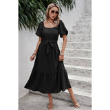 Elastic Lace Square Neck Smocked Ruffle Hem Dress - MVTFASHION