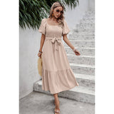 Elastic Lace Square Neck Smocked Ruffle Hem Dress - MVTFASHION