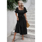 Elastic Lace Square Neck Smocked Ruffle Hem Dress - MVTFASHION