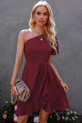 Elegant Ruffled One Shoulder Dress - MVTFASHION