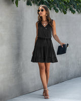 Elegant V-Neck Ruffle Trim Short Dress - MVTFASHION