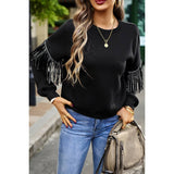 Faux Leather Tassel Sleeves Solid Loose Fit Sweater - MVTFASHION