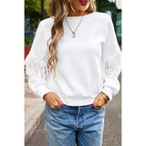 Faux Leather Tassel Sleeves Solid Loose Fit Sweater - MVTFASHION