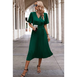 Fit Ruffle V Neck Solid A Line Dress - MVTFASHION.COM