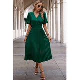 Fit Ruffle V Neck Solid A Line Dress - MVTFASHION.COM