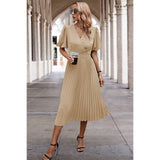 Fit Ruffle V Neck Solid A Line Dress - MVTFASHION.COM