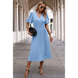 Fit Ruffle V Neck Solid A Line Dress - MVTFASHION.COM