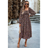 Floral High Elastic Waist Square Neck Pocket Dress - MVTFASHION