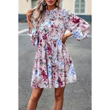 Floral High Neck Stretch Ruffle Midi Dress - MVTFASHION