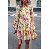 Floral High Neck Stretch Ruffle Midi Dress - MVTFASHION