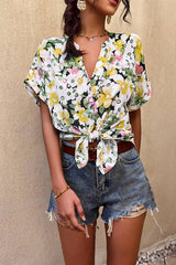 Floral Knot V Neck Blouse - MVTFASHION