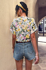 Floral Knot V Neck Blouse - MVTFASHION