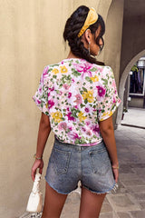 Floral Knot V Neck Blouse - MVTFASHION