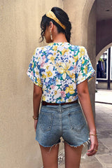 Floral Knot V Neck Blouse - MVTFASHION