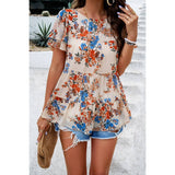 Floral Lined Ruffle Sleeves Round Neck Loose Top - MVTFASHION.COM