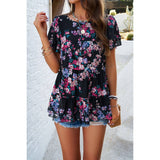 Floral Lined Ruffle Sleeves Round Neck Loose Top - MVTFASHION.COM