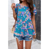 Floral Lined Ruffle Sleeves Round Neck Loose Top - MVTFASHION.COM