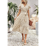 Floral Print Belt Knot Sleeve Hem Lace Belt Knot Dress - MVTFASHION