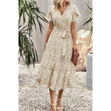 Floral Print Belt Knot Sleeve Hem Lace Belt Knot Dress - MVTFASHION