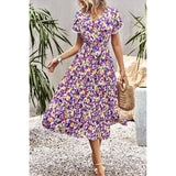 Floral Print Belt Knot Sleeve Hem Lace Belt Knot Dress - MVTFASHION