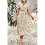 Floral Print Belt Knot Sleeve Hem Lace Belt Knot Dress - MVTFASHION