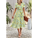 Floral Print Belt Knot Sleeve Hem Lace Belt Knot Dress - MVTFASHION