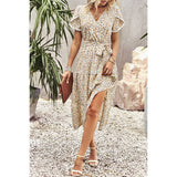 Floral Print Belt Knot Sleeve Hem Lace Belt Knot Dress - MVTFASHION