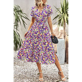 Floral Print Belt Knot Sleeve Hem Lace Belt Knot Dress - MVTFASHION