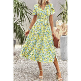 Floral Print Belt Knot Sleeve Hem Lace Belt Knot Dress - MVTFASHION