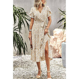 Floral Print Belt Knot Sleeve Hem Lace Belt Knot Dress - MVTFASHION