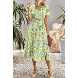 Floral Print Belt Knot Sleeve Hem Lace Belt Knot Dress - MVTFASHION