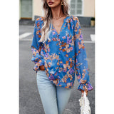 Floral Print Button Hem Ruffle Sleeves Lined Top - MVTFASHION