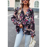 Floral Print Button Hem Ruffle Sleeves Lined Top - MVTFASHION