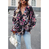 Floral Print Button Hem Ruffle Sleeves Lined Top - MVTFASHION