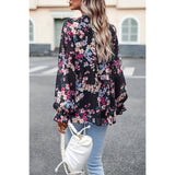 Floral Print Button Hem Ruffle Sleeves Lined Top - MVTFASHION