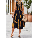 Floral Print Cut Out Ruched Fit Sleeveless Ruffle Dress - MVTFASHION