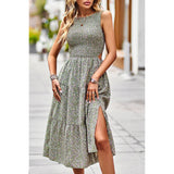 Floral Print Cut Out Ruched Fit Sleeveless Ruffle Dress - MVTFASHION