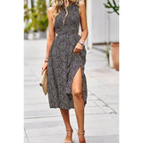 Floral Print Cut Out Ruched Fit Sleeveless Ruffle Dress - MVTFASHION