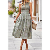 Floral Print Cut Out Ruched Fit Sleeveless Ruffle Dress - MVTFASHION