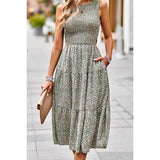 Floral Print Cut Out Ruched Fit Sleeveless Ruffle Dress - MVTFASHION